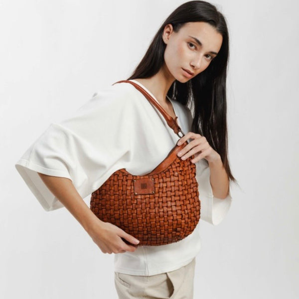 Tan Kansas Plaited Leather Half Moon Bag by Biba