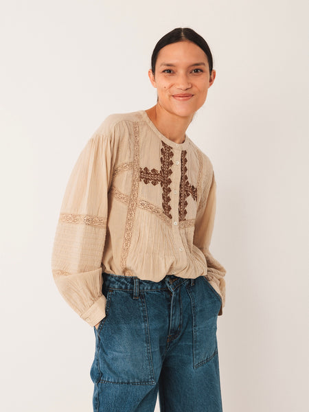 Beige Fine Cotton Chocolate Lace Smock Shirt by Indi and Cold