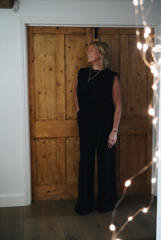 Black Pleated Front Crepe Jumpsuit by Co'Couture