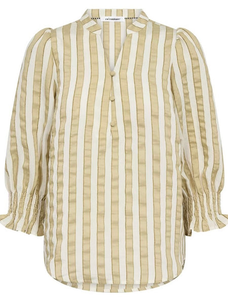 Olive Stripe Smocked Cuff Blouse by Co’ Couture