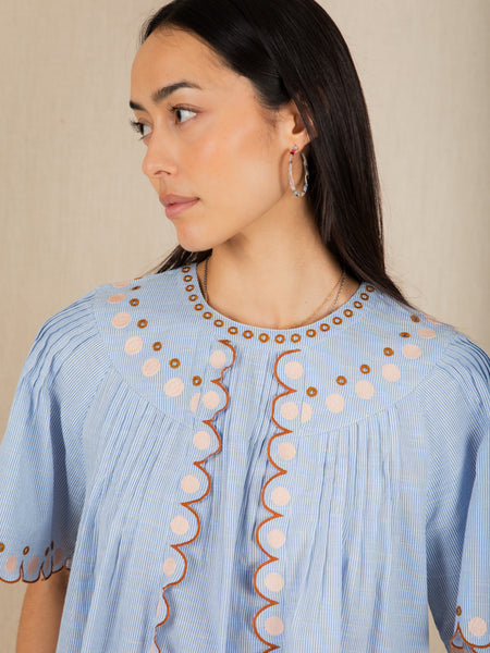 Blue Stripe Embroidered Flora Blouse by Bonte
