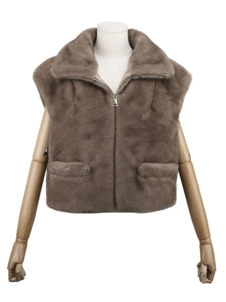 Taupe Faux Fur Gilet Zip Front