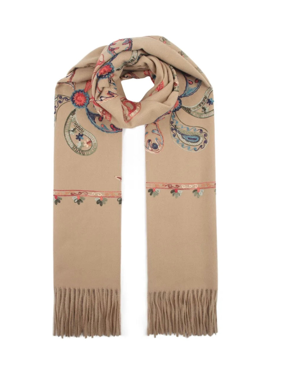 Camel Multi Bright Embroidered Scarf