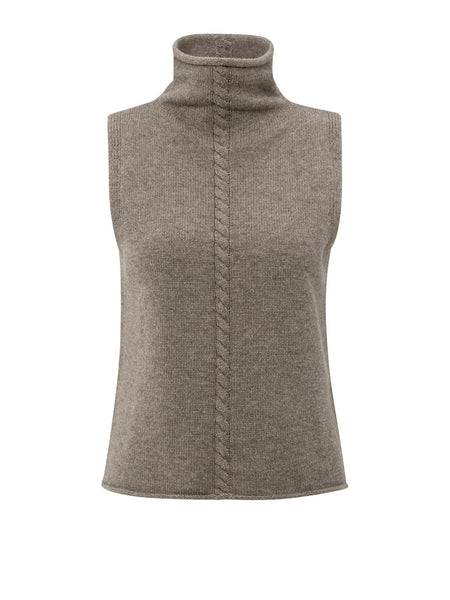 Brown Cable High  Neck Sleeveless Knit  By Yaya