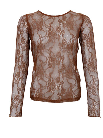 Brown Lace Long Sleeve Top By Black Colour