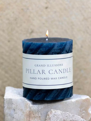 Inky Blue Scalloped Rustic Pillar Candle 70x75mm