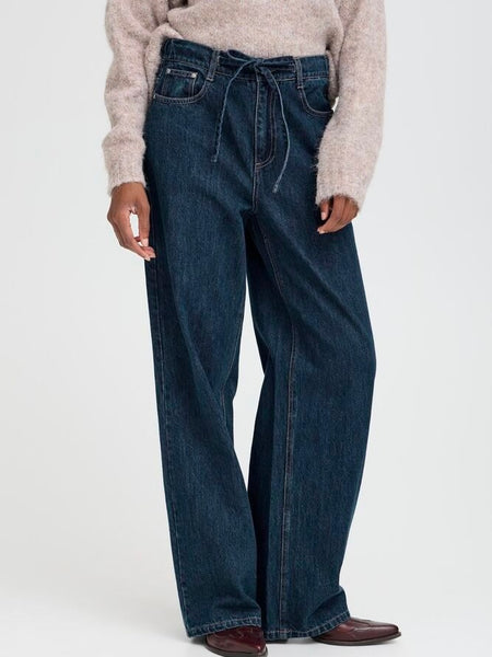 Dark Blue Tie Waist Denim Jeans by B.Young