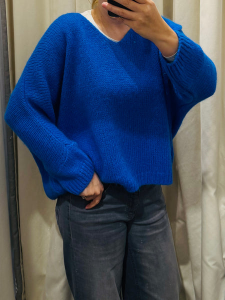 Cobalt Blue V-Neck Mohair Boyfriend Jumper