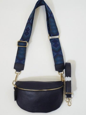 Navy Leather Cross Body Bag With Patterned Strap