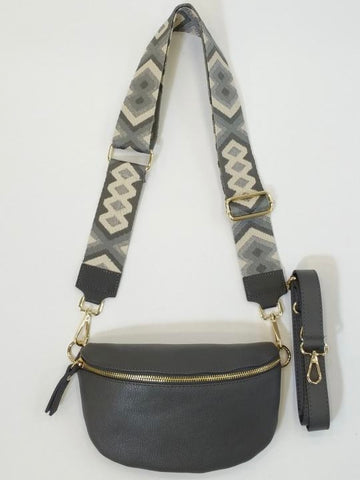 Grey Leather Cross Body Bag With Patterned Strap