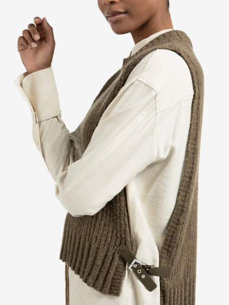 Khaki Ribbed Sleeveless Sweater With Side Buckles Knit By Yaya