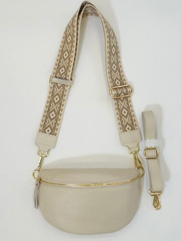 Ecru Leather Cross Body Bag With Beige Patterned Strap