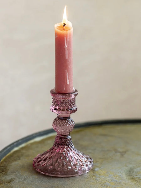 Amethyst Glass Candlestick With Diamond Cut Pattern