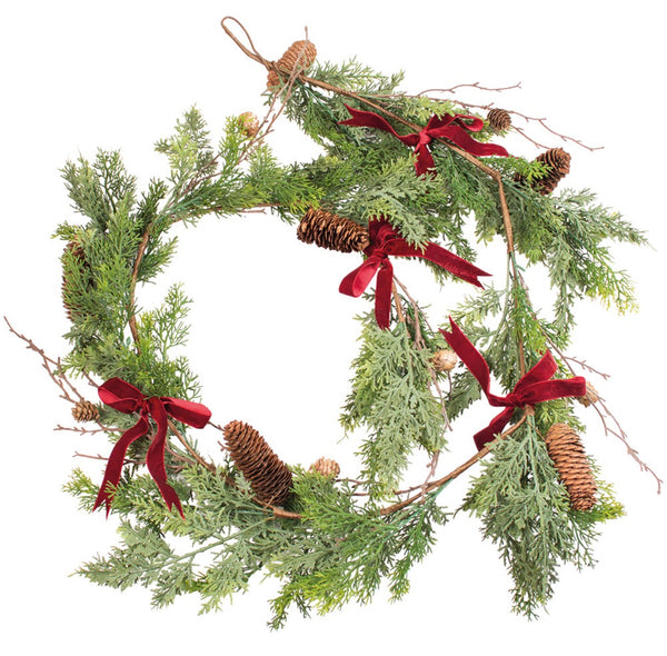 Foliage & Fircone Garland With Red Velvet Bows