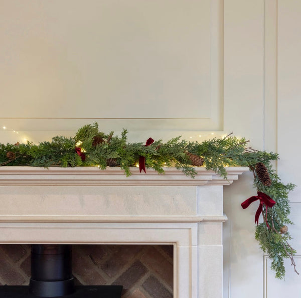 Foliage & Fircone Garland With Red Velvet Bows