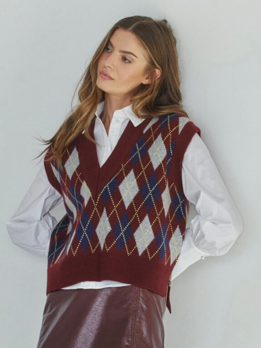 Burgundy Check Knit Tank By Co’Couture