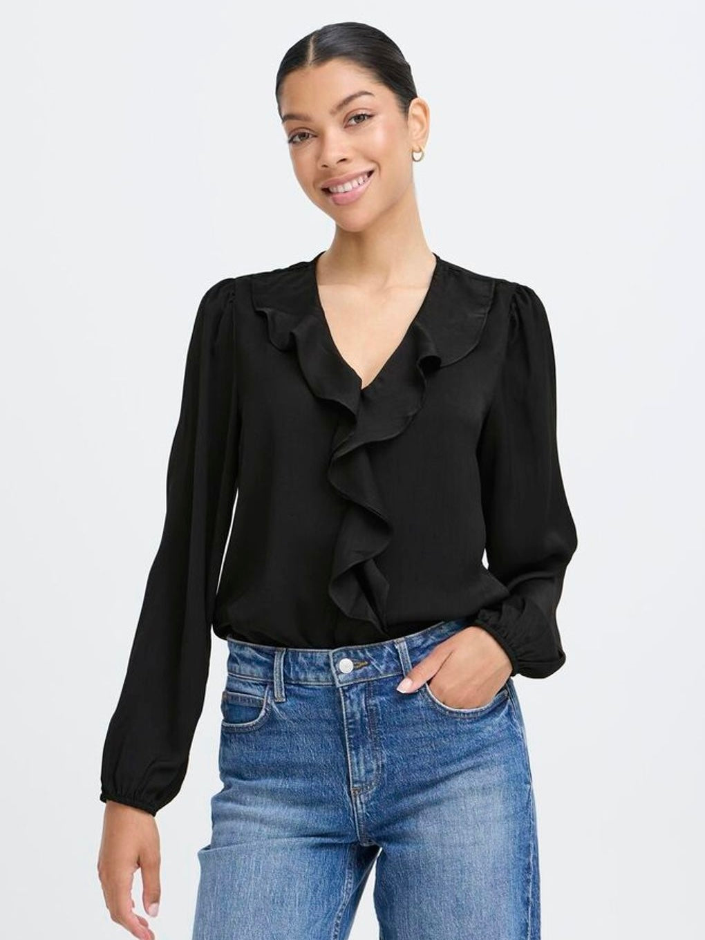 Black Waterfall Frill Blouse by B Young