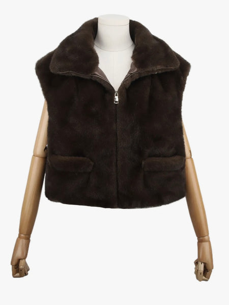 Chocolate Faux Fur Gilet Zip Front