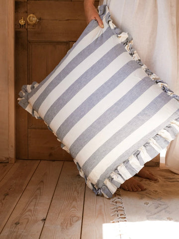 Blue Large Stripe Linen Frill Cushion