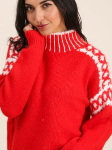 Red Chunky Alpine Stitched High Neck Jumper