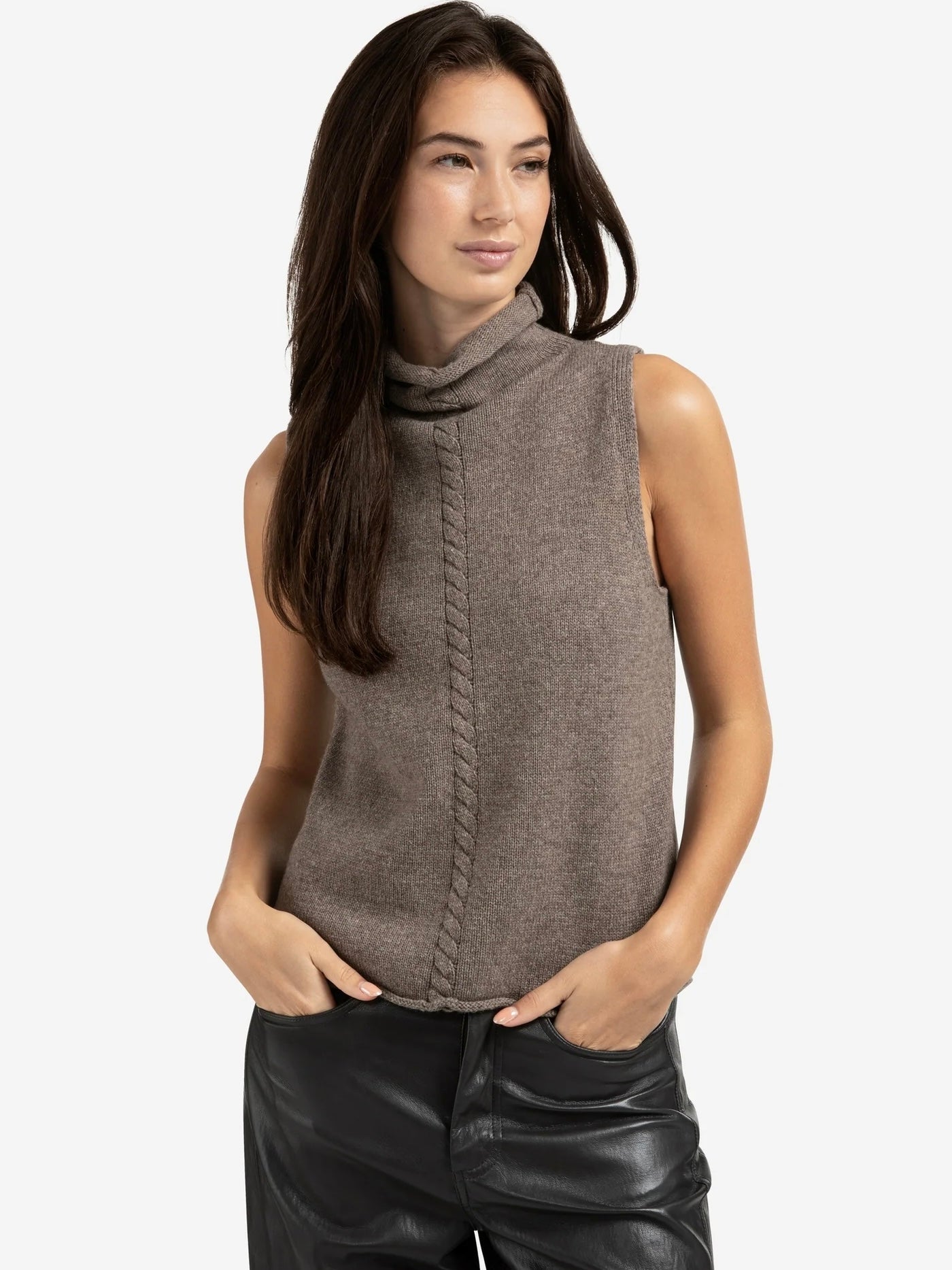Brown Cable High  Neck Sleeveless Knit  By Yaya