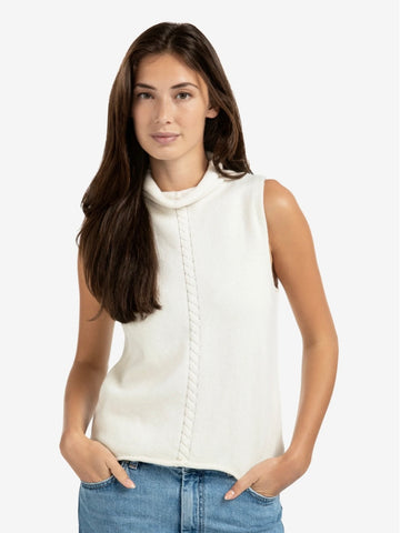 Off White Cable High  Neck Sleeveless Knit  By Yaya