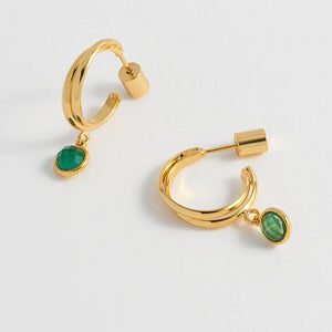 Green Gemstone Drop Hoop Earrings - Gold Plated by Estella Bartlett