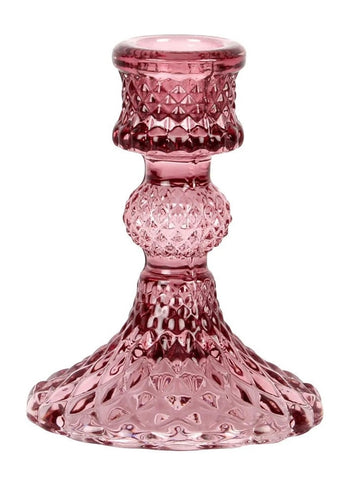 Pink Glass Candlestick With Diamond Cut Pattern