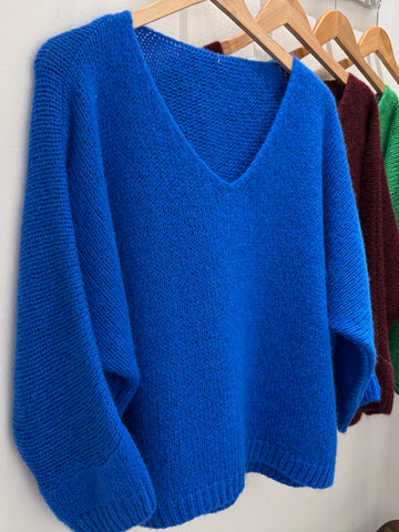 Cobalt Blue V-Neck Mohair Boyfriend Jumper