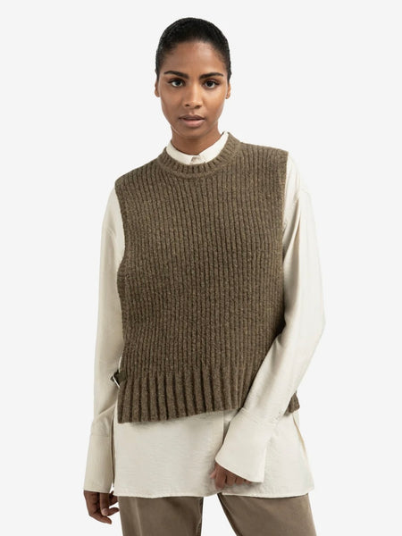 Khaki Ribbed Sleeveless Sweater With Side Buckles Knit By Yaya