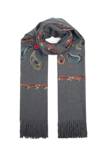 Grey Multi Bright Embroidered Scarf