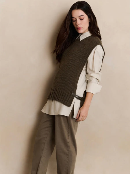 Khaki Ribbed Sleeveless Sweater With Side Buckles Knit By Yaya