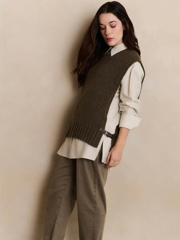 Khaki Ribbed Sleeveless Sweater With Side Buckles Knit By Yaya