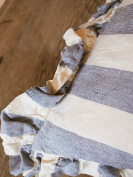 Blue Large Stripe Linen Frill Cushion