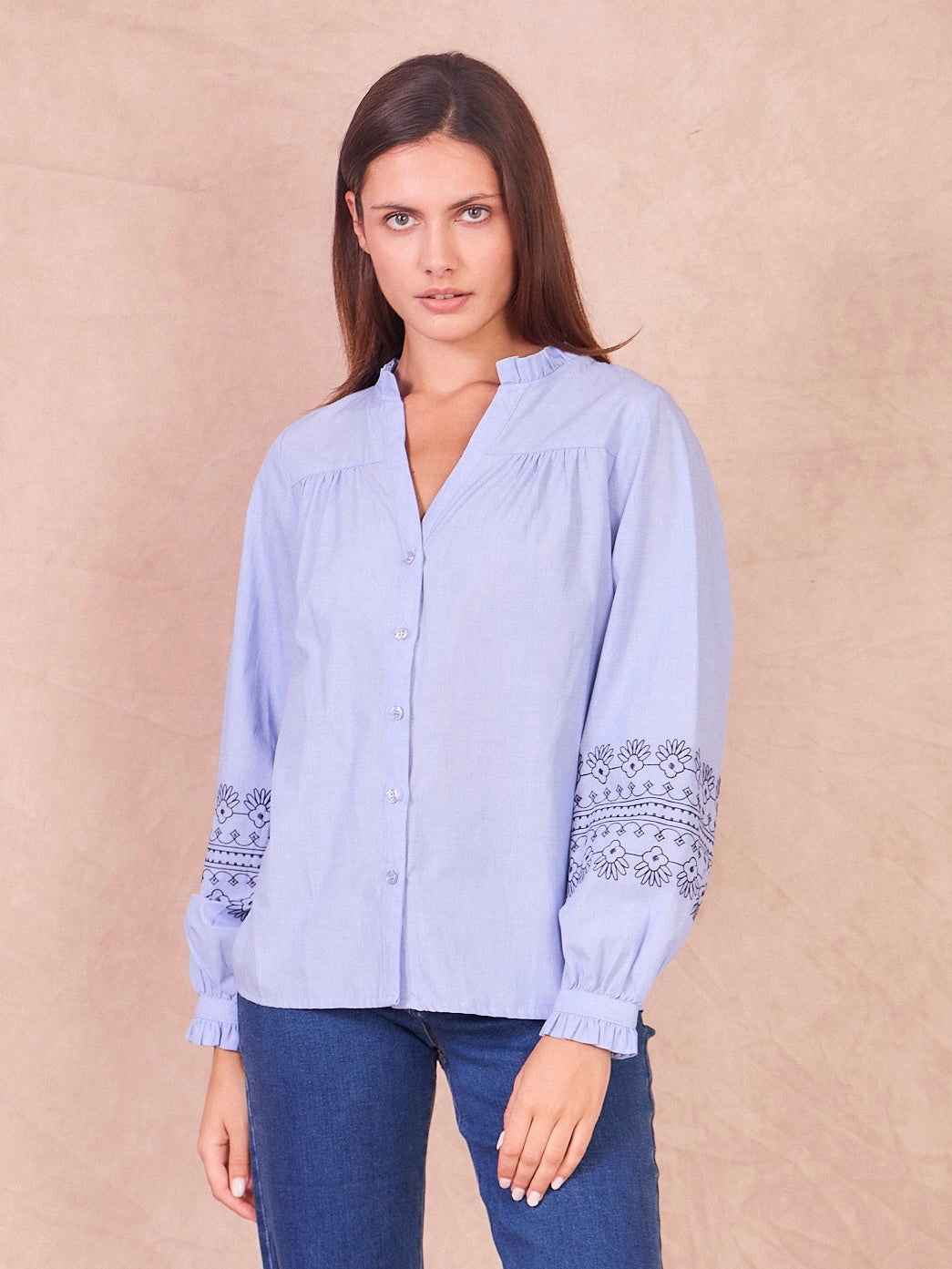 Denim Blue Frill Abelita Collar Blouse by Calie