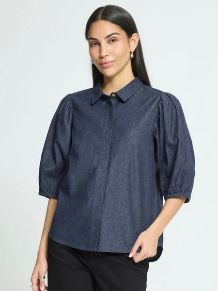 Denim Puff Sleeve Blouse by Ichi