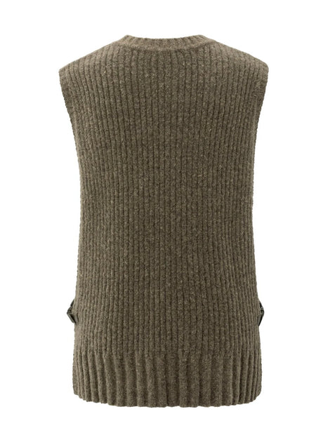 Khaki Ribbed Sleeveless Sweater With Side Buckles Knit By Yaya