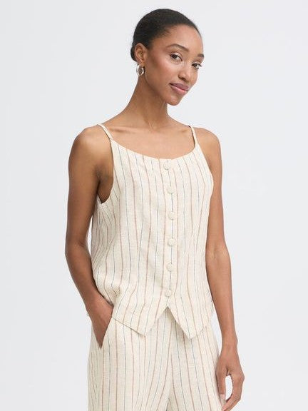 Brown Stripe Linen Mix   Waistcoat by Ichi