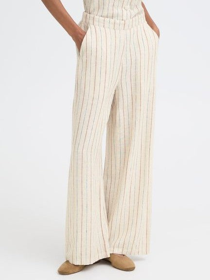 Brown Stripe Linen Mix Wide Leg Trousers by Ichi