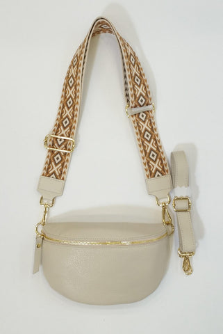 Ecru Leather Cross Body Bag With Beige/Tan Patterned Strap
