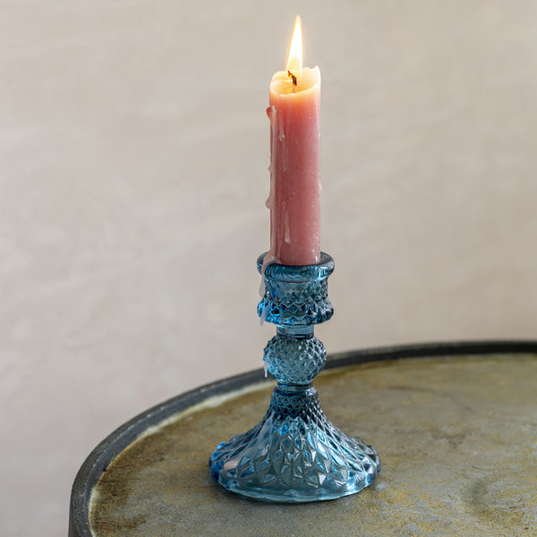 Azure Glass Candlestick With Diamond Cut Pattern