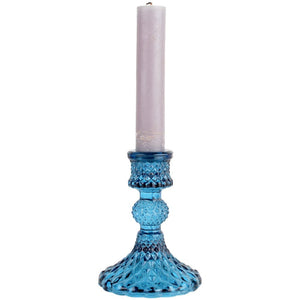 Azure Glass Candlestick With Diamond Cut Pattern