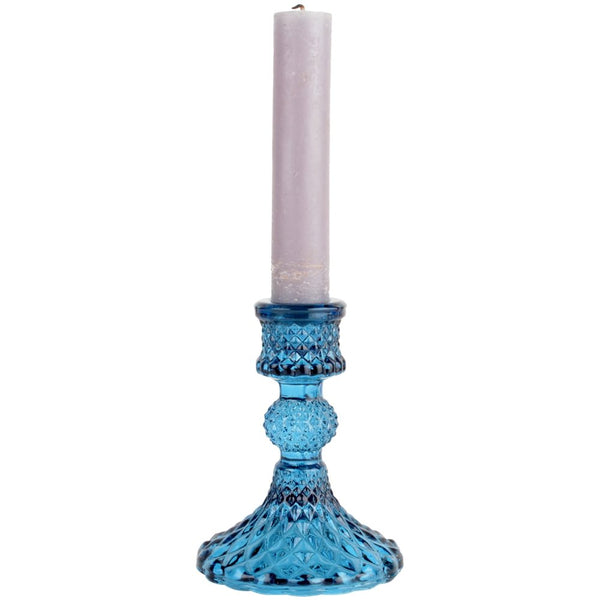 Azure Glass Candlestick With Diamond Cut Pattern