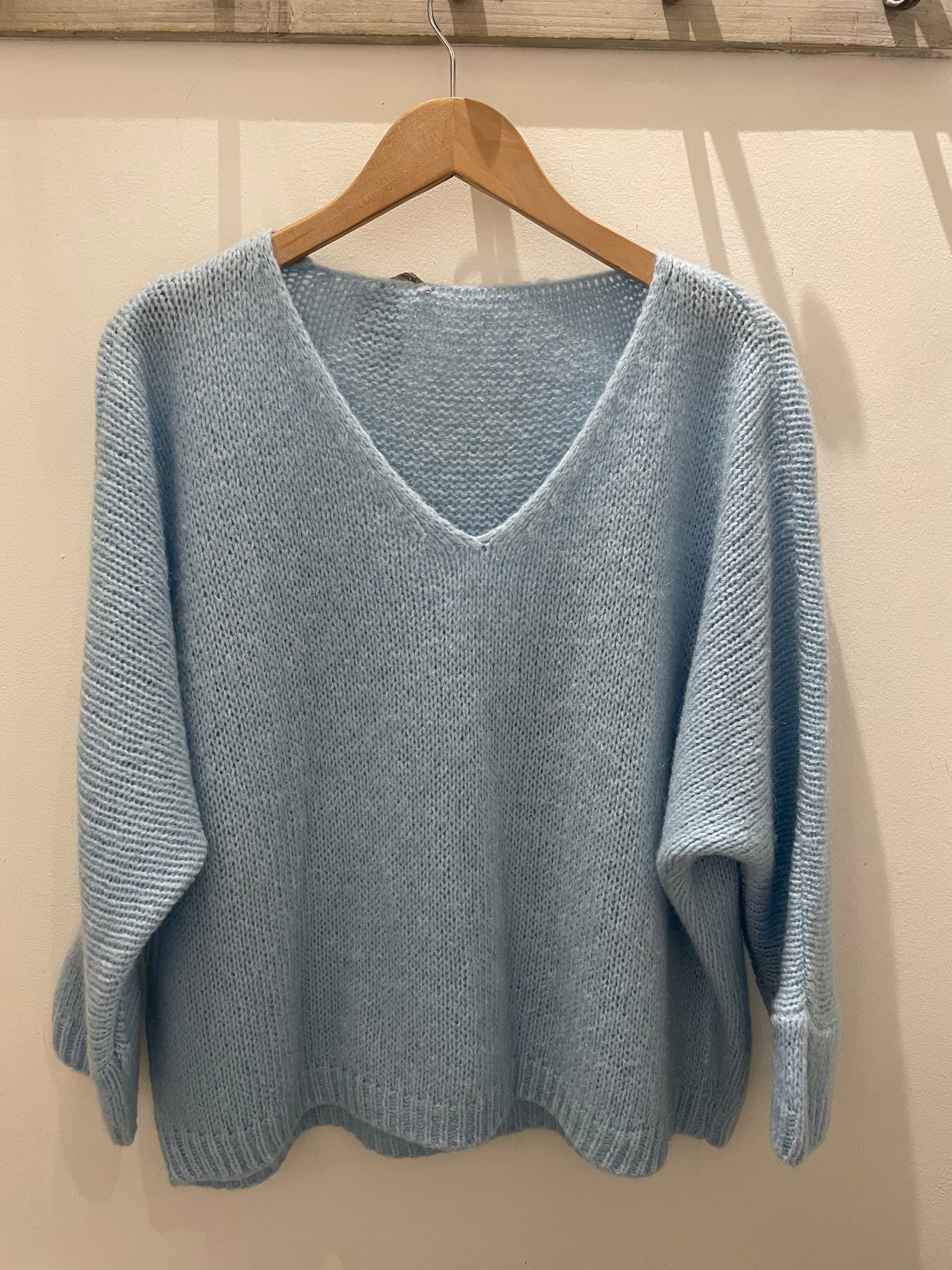 Pale Blue V-Neck Mohair Boyfriend Jumper