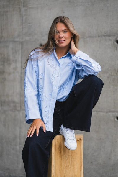 Pale Blue Stripe Flower Shirt by Co Couture