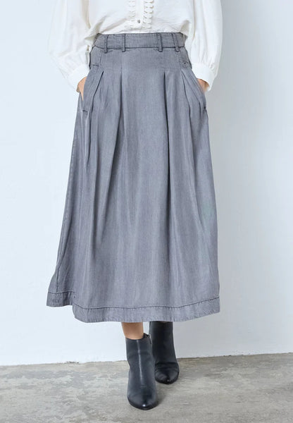 Washed Grey Denim Pleat Skirt by Co Couture