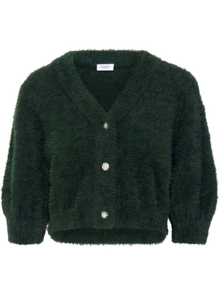 Dark Green Fluffy Diamanté Button Cardi By Saint Tropez