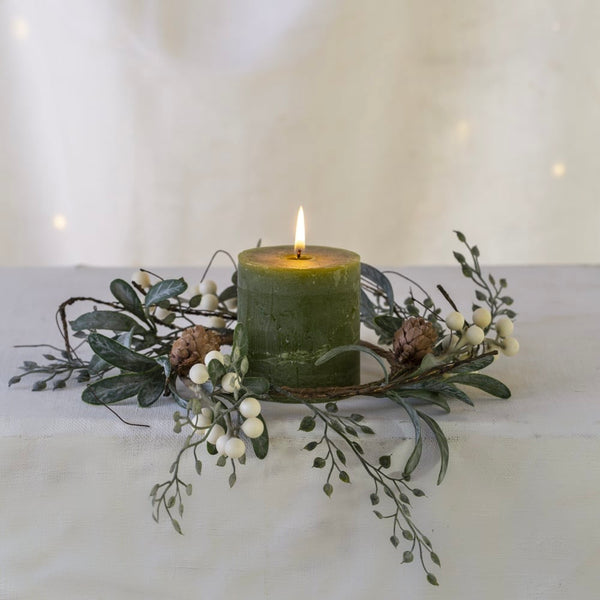 White Berry Candle Ring with Frosted Leaves By Grand Illusions