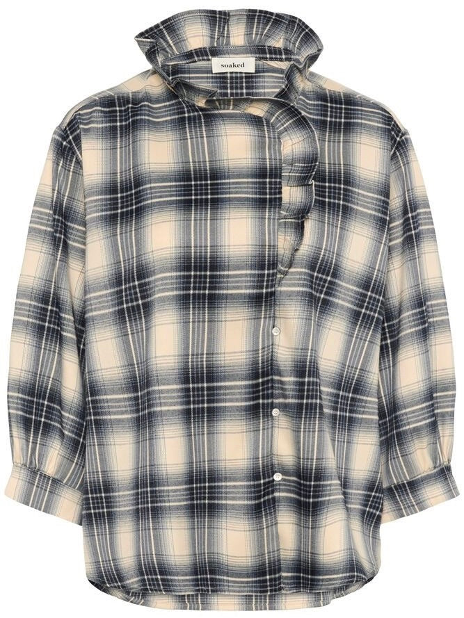 Navy Cream Check Blouse With Frill Collar By Soaked