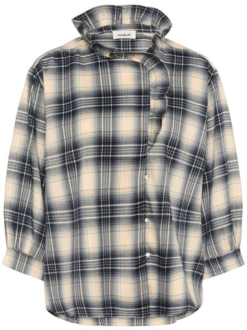 Navy Cream Check Blouse With Frill Collar By Soaked
